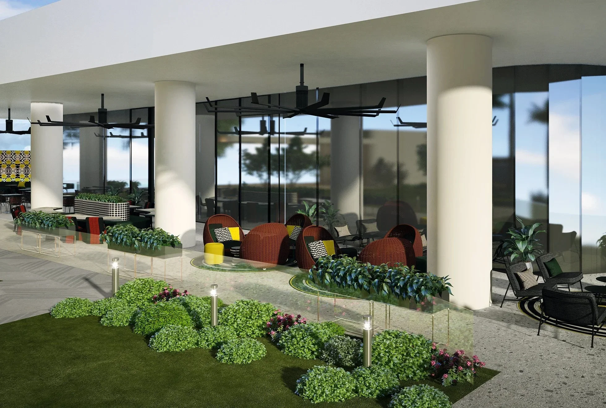 Commercial interior design Houston – covered outdoor hospitality lounge with integrated seating and planting