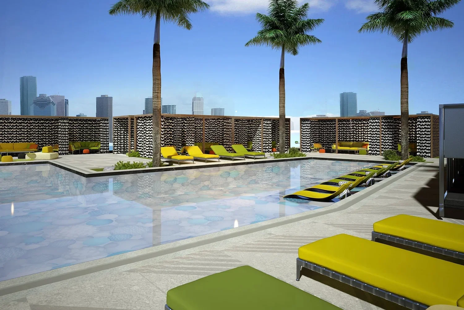 Commercial interior design Houston – hotel rooftop pool deck with cabanas and skyline views