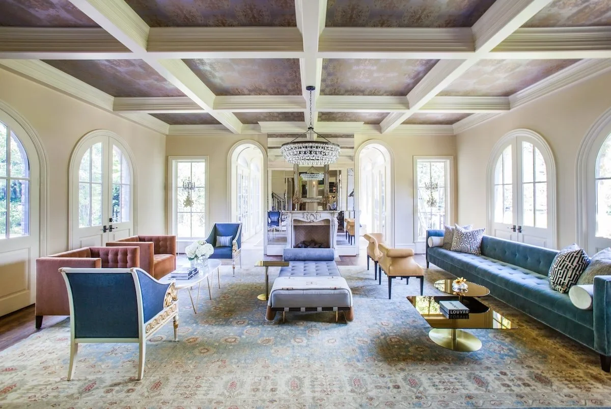 Bellaire Houston custom family home designed by luxury interior designer with tailored seating and coffered ceiling