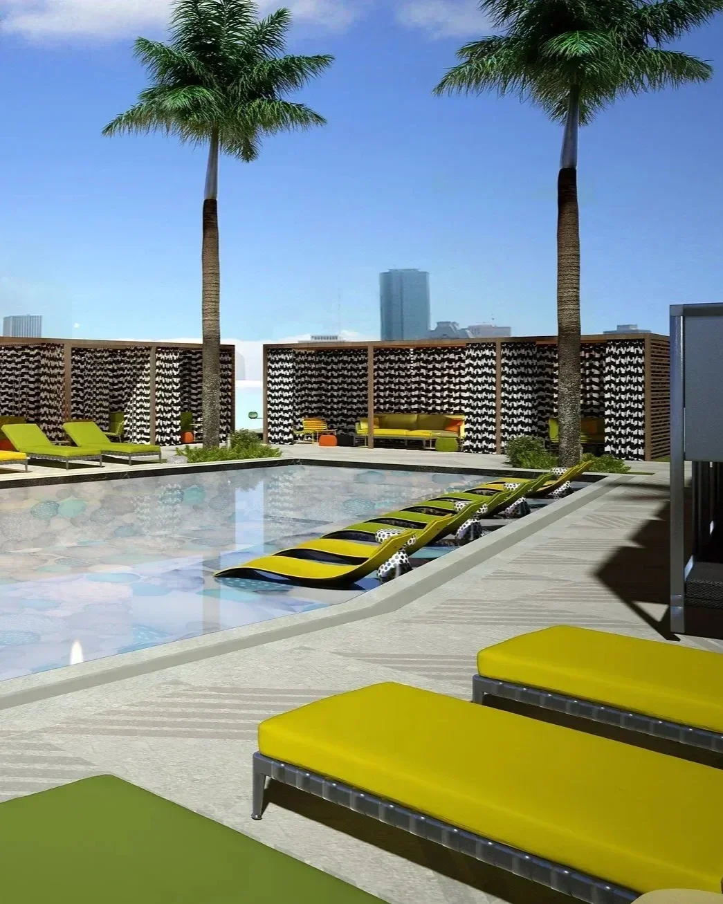Houston hospitality interior design for Thompson Hotel rooftop pool with cabanas, skyline views, and contemporary outdoor lounge furnishings.